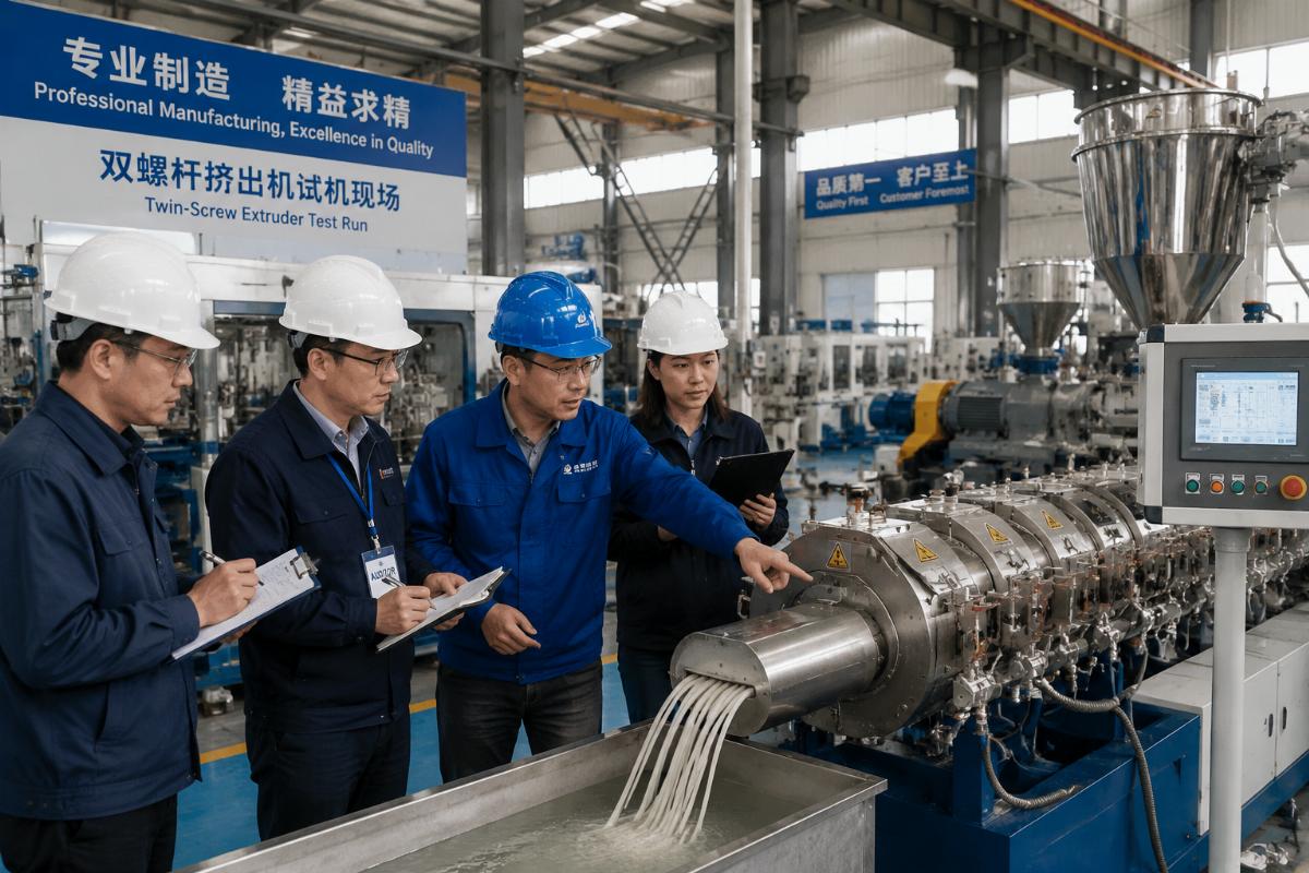 Factory audit team verifying twin-screw extruder test run at a Chinese extrusion machinery production facility