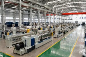 Factory floor of a 40,000+ square meter plastic extrusion equipment production facility with assembled extruder lines