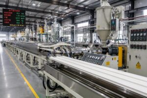 Factory floor with fully operational plastic extrusion line running consistent output