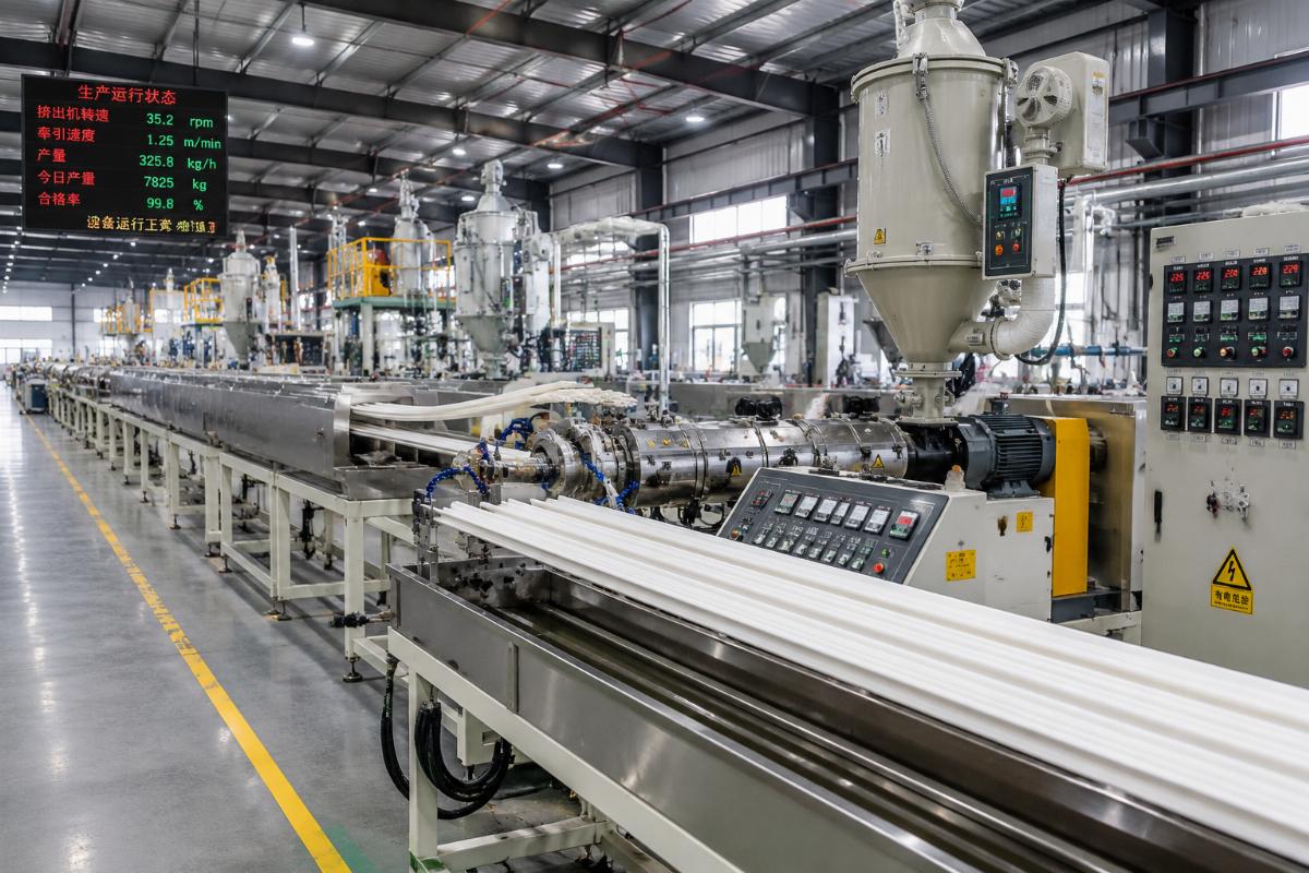 Factory floor with fully operational plastic extrusion line running consistent output