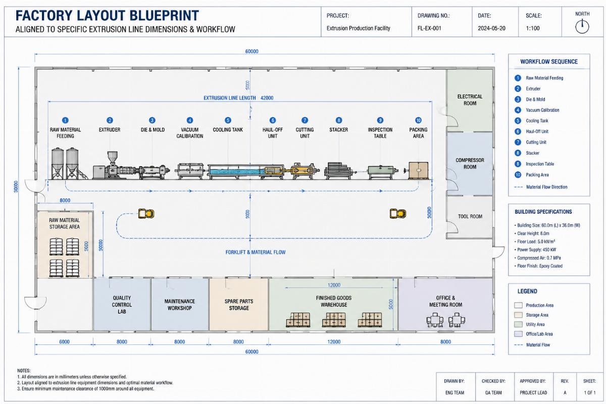 Factory layout blueprint aligned to specific extrusion line dimensions and workflow