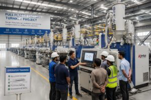 Full plastic factory turnkey project site with installed extrusion lines and operator training in progress