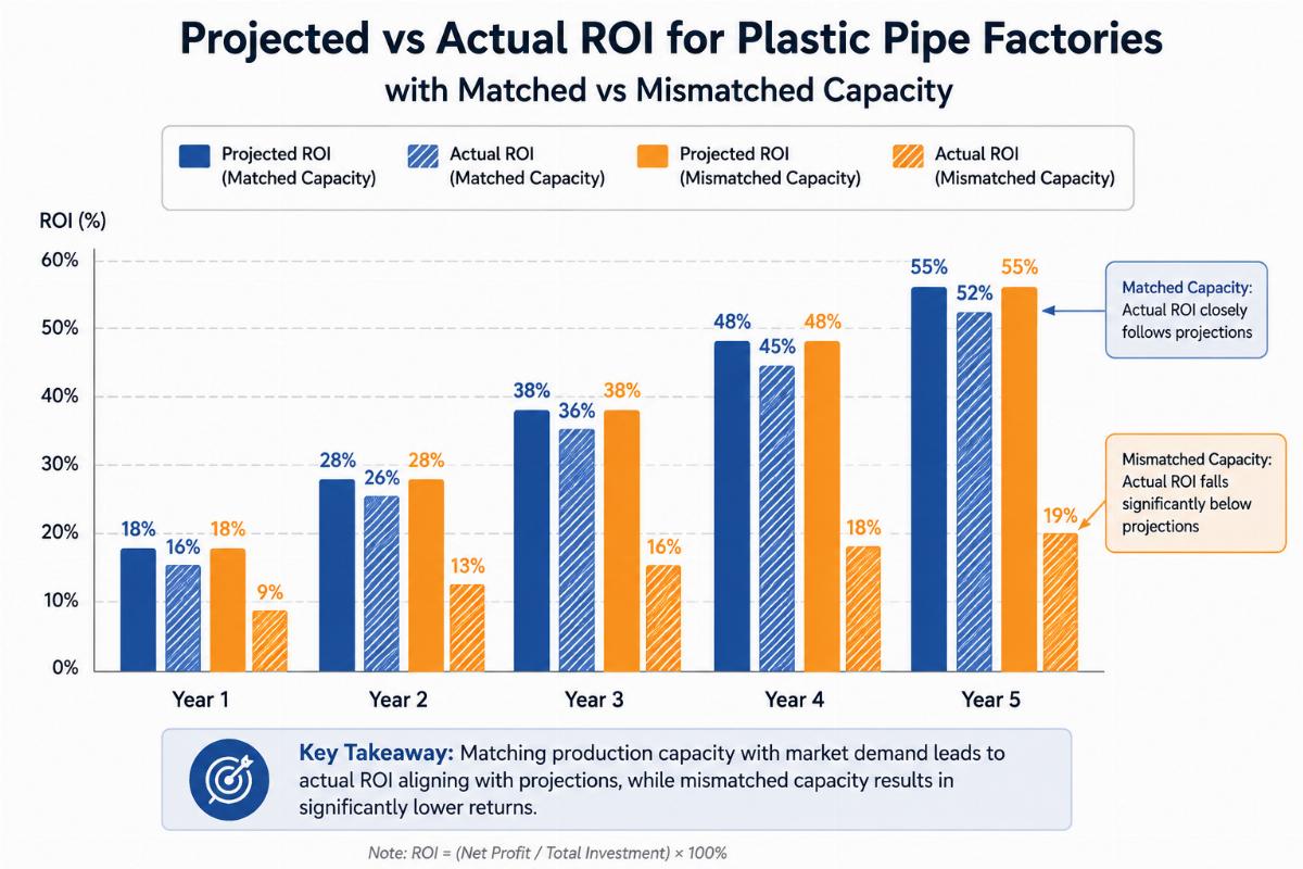 Graph comparing projected vs actual ROI for plastic pipe factories with matched vs mismatched capacity