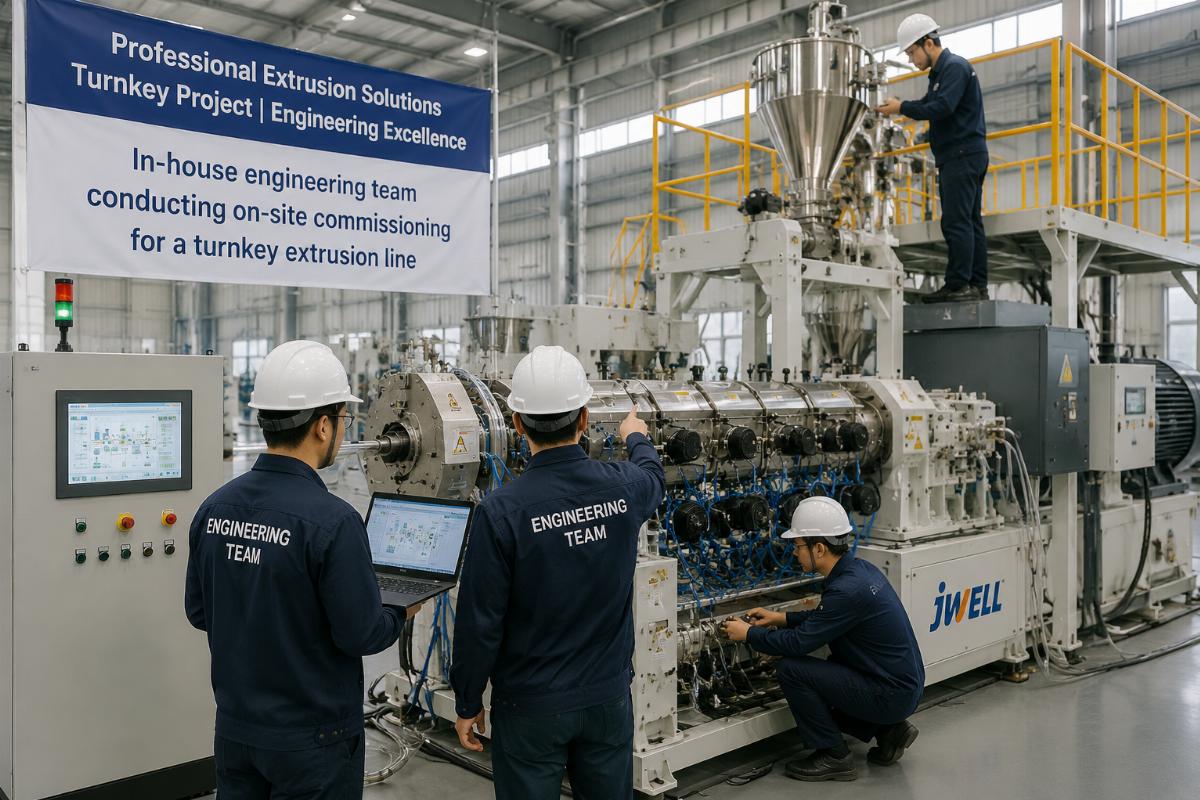 In-house engineering team conducting on-site commissioning for a turnkey extrusion line