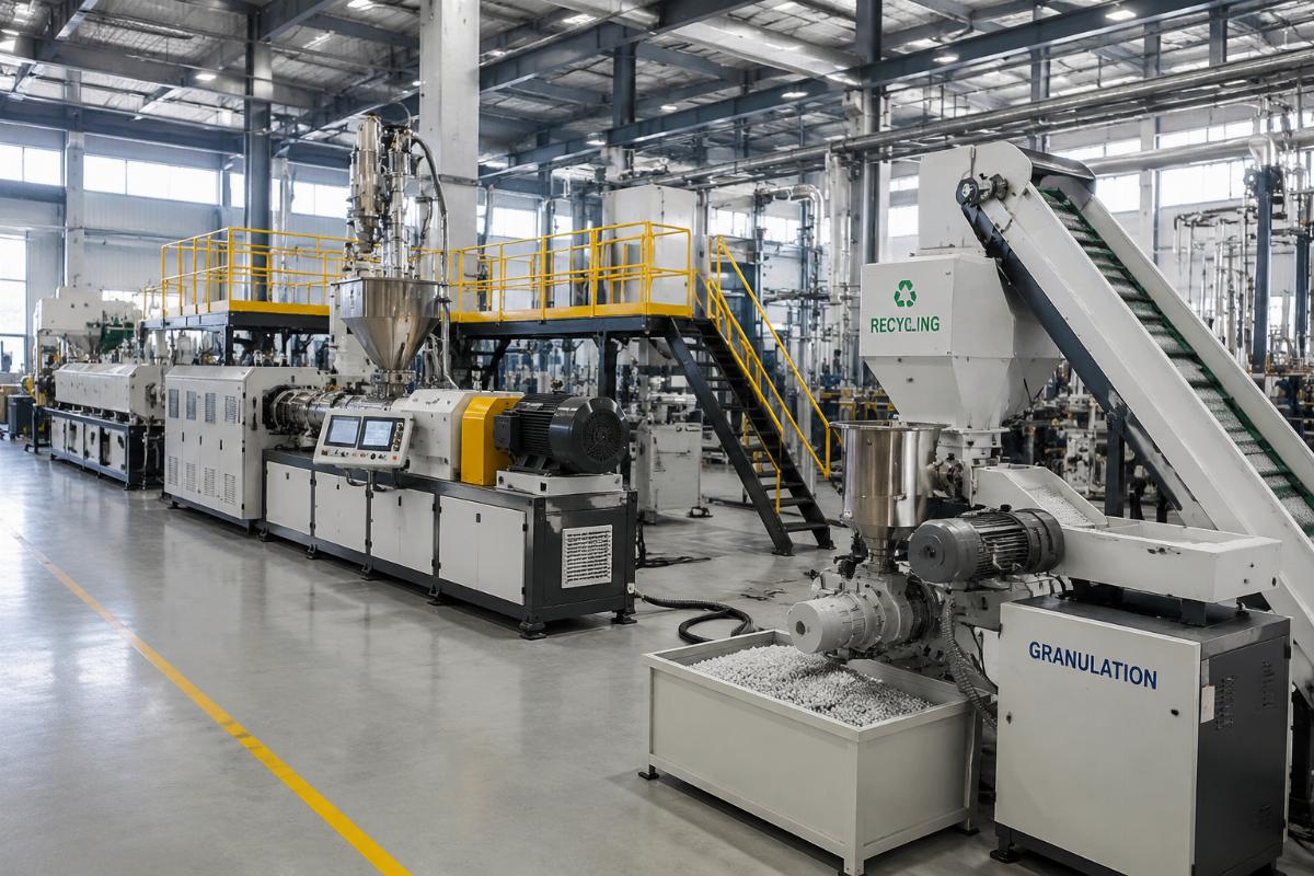 Integrated extrusion line with connected recycling and granulation module