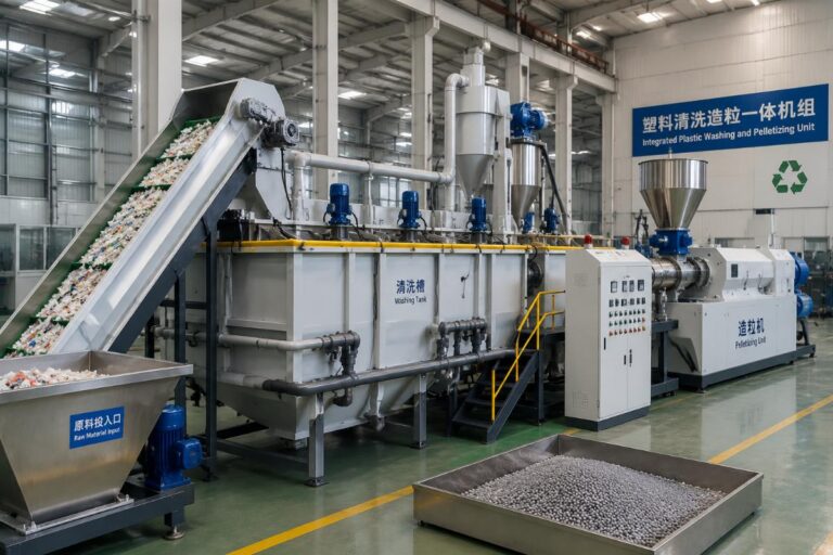Integrated plastic washing and pelletizing unit on a production floor
