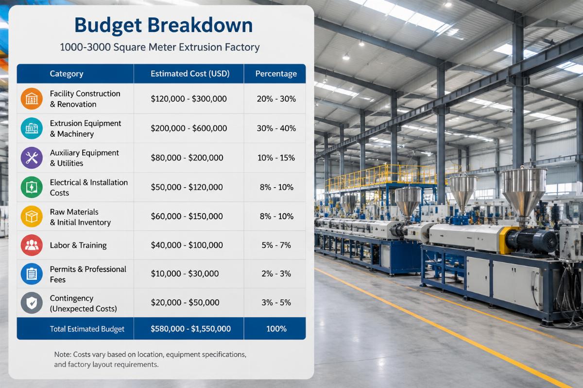 Itemized budget breakdown for a 1000-3000 square meter extrusion factory