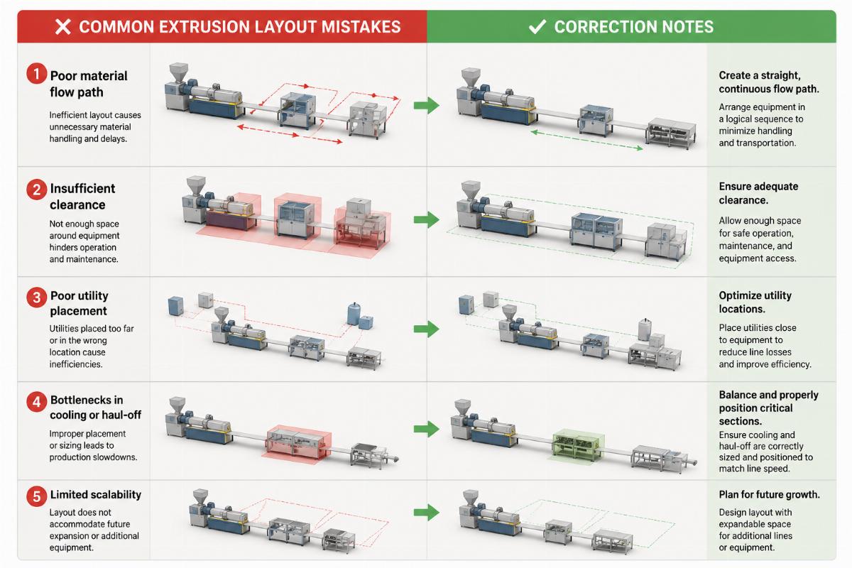 List of common extrusion layout mistakes with corresponding correction notes