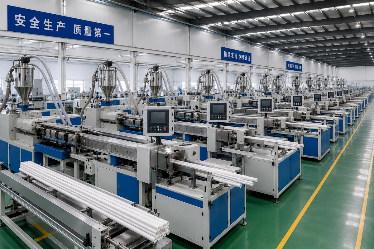 Multiple extrusion lines running in parallel in a clean, organized plastic production facility