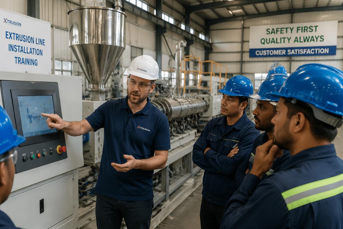 Overseas engineer conducting on-site extrusion line installation training