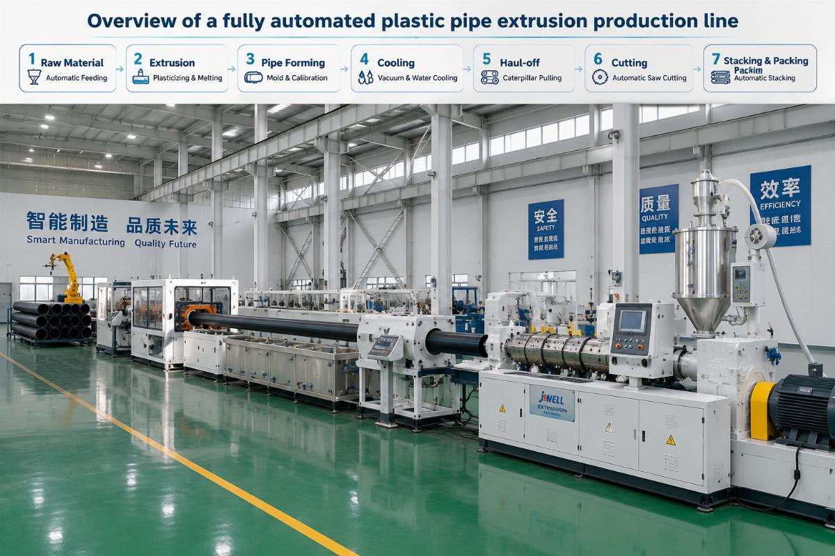 Overview of a fully automated plastic pipe extrusion production line on a factory floor