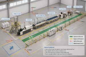 Plastic extrusion line layout example showing equipment, operation channels and safety clearances in a factory floor