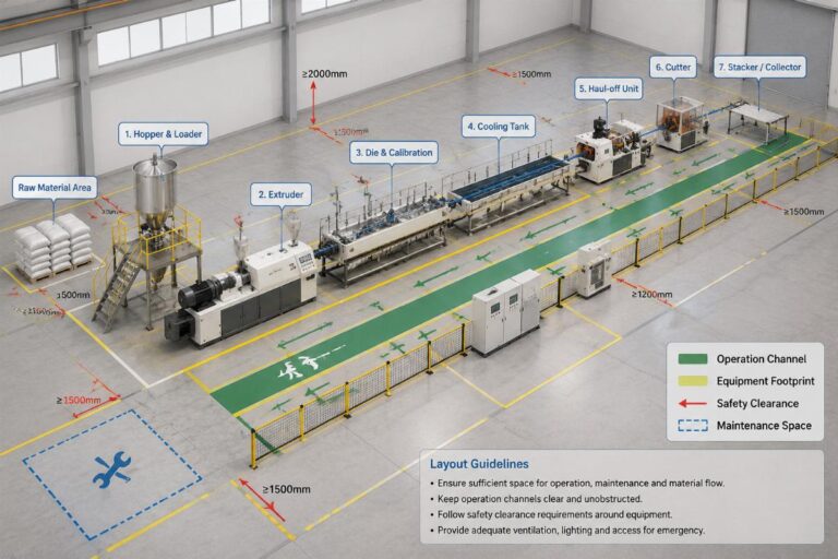 Plastic extrusion line layout example showing equipment, operation channels and safety clearances in a factory floor