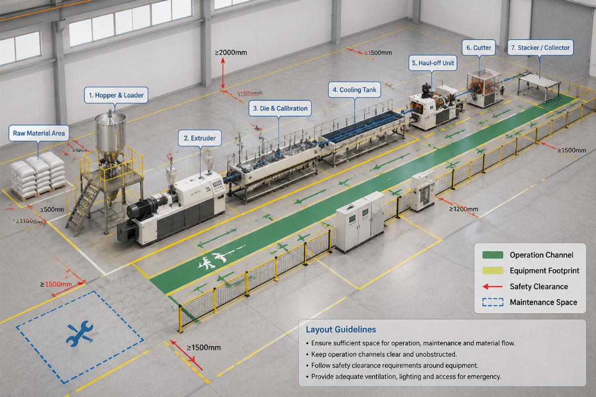 Plastic extrusion line layout example showing equipment, operation channels and safety clearances in a factory floor