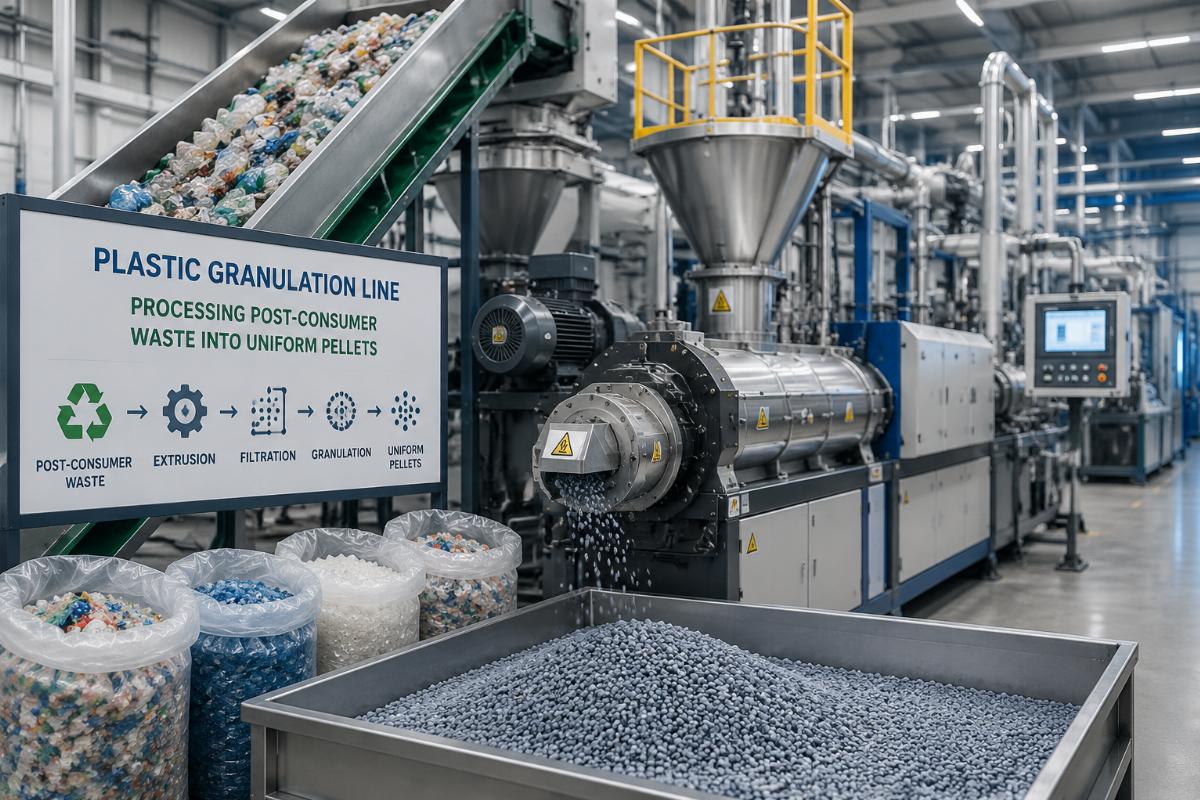 Plastic granulation line processing post-consumer waste into uniform pellets