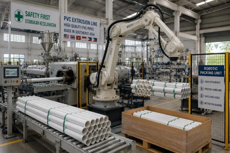 Robotic packing unit deployed alongside a PVC extrusion line in a Southeast Asian facility