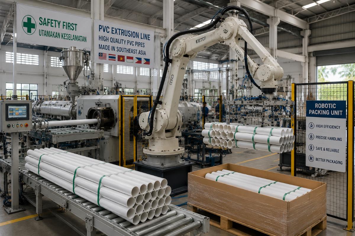 Robotic packing unit deployed alongside a PVC extrusion line in a Southeast Asian facility