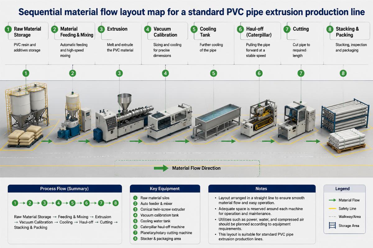 Sequential material flow layout map for a standard PVC pipe extrusion production line