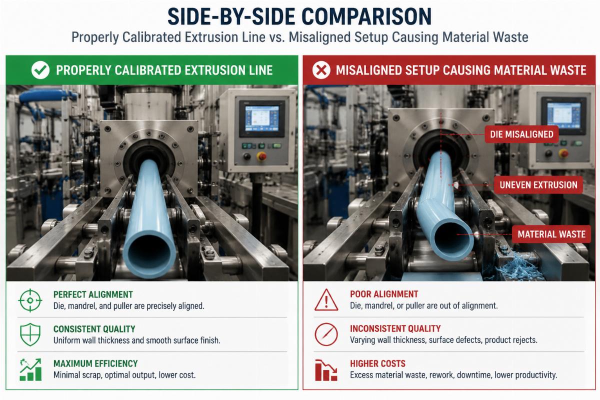 Side-by-side comparison of a properly calibrated extrusion line and a misaligned setup causing material waste