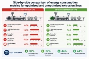 Side-by-side comparison of energy consumption metrics for optimized and unoptimized extrusion lines