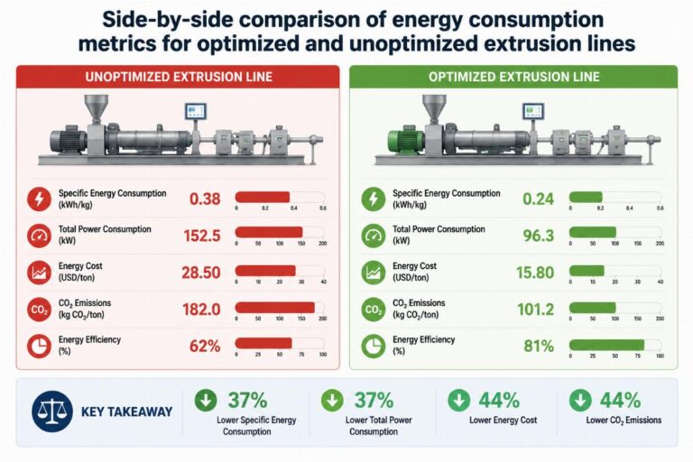 Side-by-side comparison of energy consumption metrics for optimized and unoptimized extrusion lines