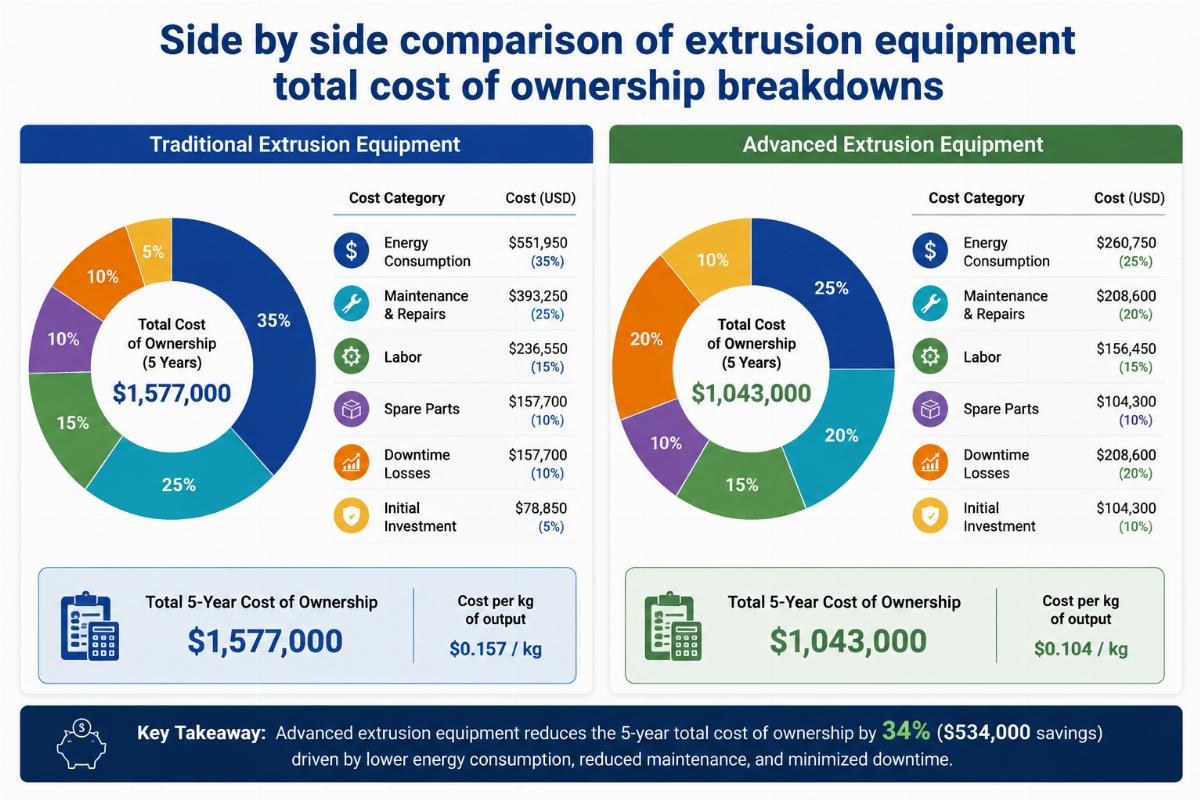 Side by side comparison of extrusion equipment total cost of ownership breakdowns