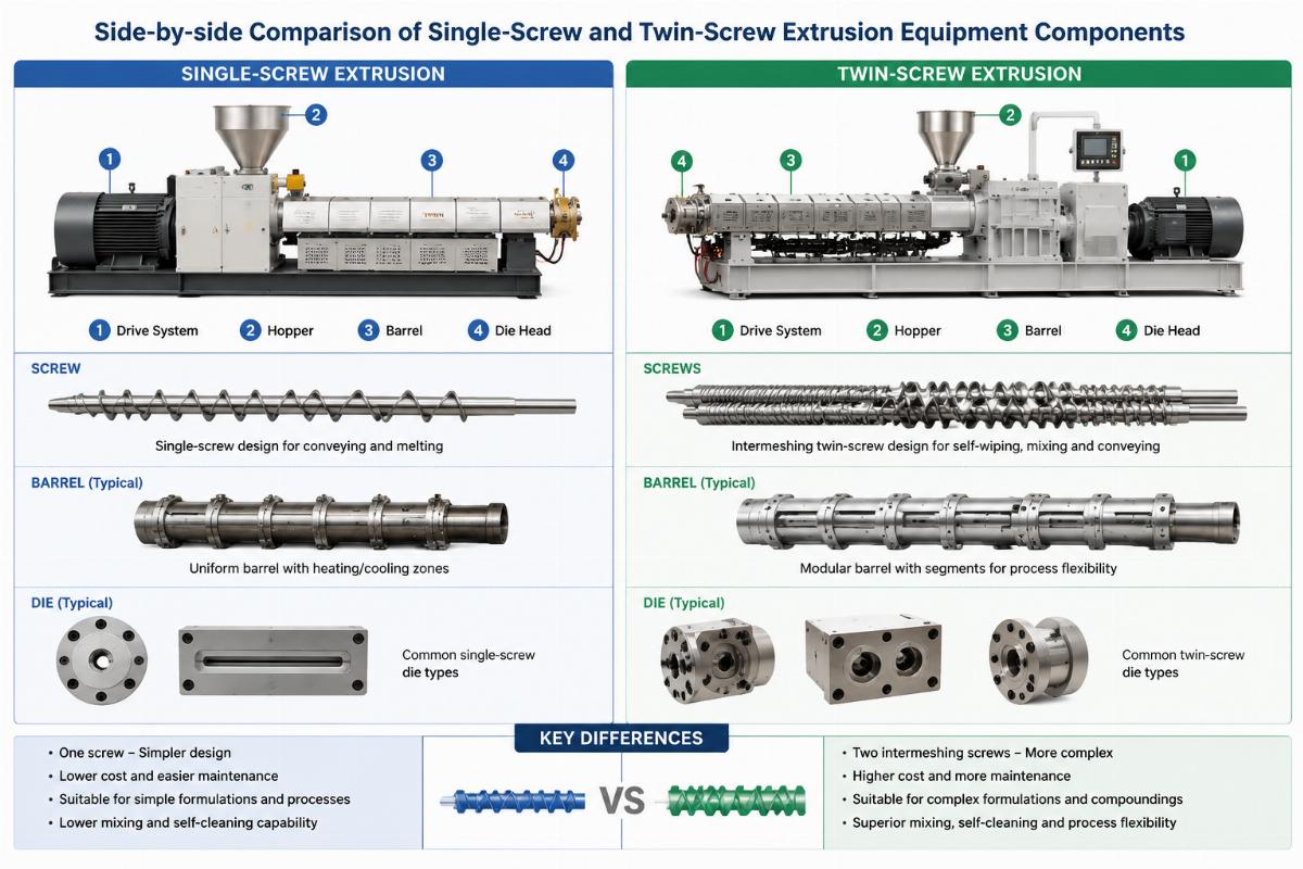 Side-by-side comparison of single-screw and twin-screw extrusion equipment components