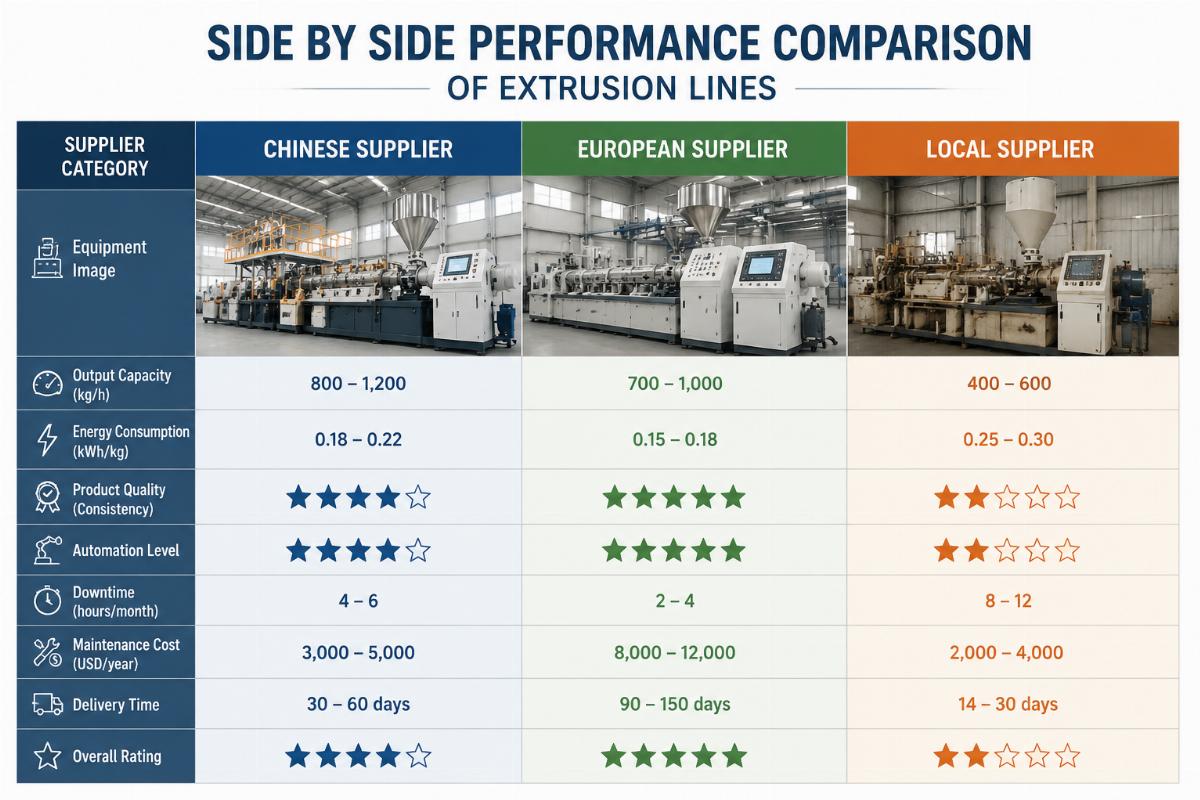Side by side performance comparison of extrusion lines from Chinese, European and local suppliers