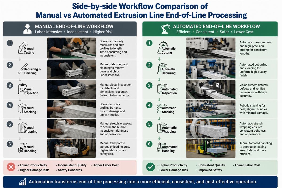 Side-by-side workflow comparison of manual vs automated extrusion line end-of-line processing