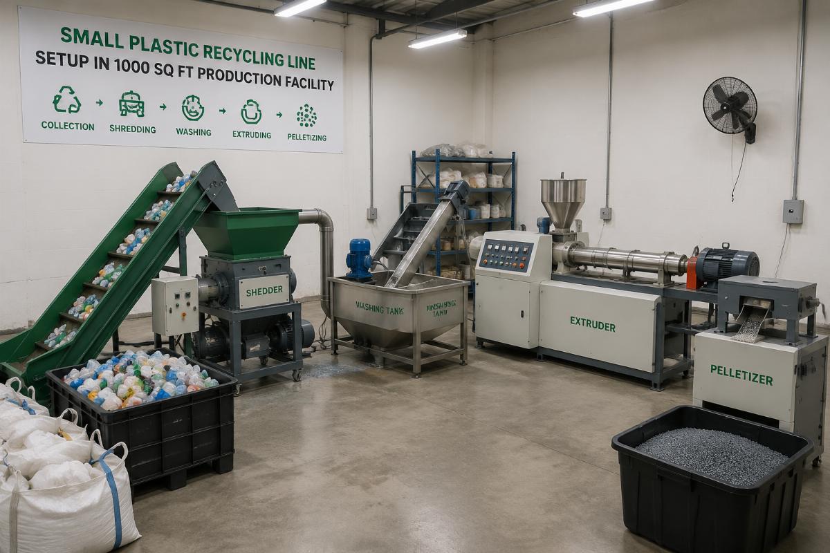 Small plastic recycling line setup in a 1000 sq ft production facility