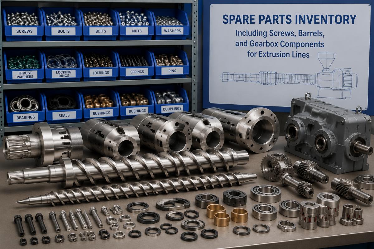 Spare parts inventory including screws, barrels, and gearbox components for extrusion lines