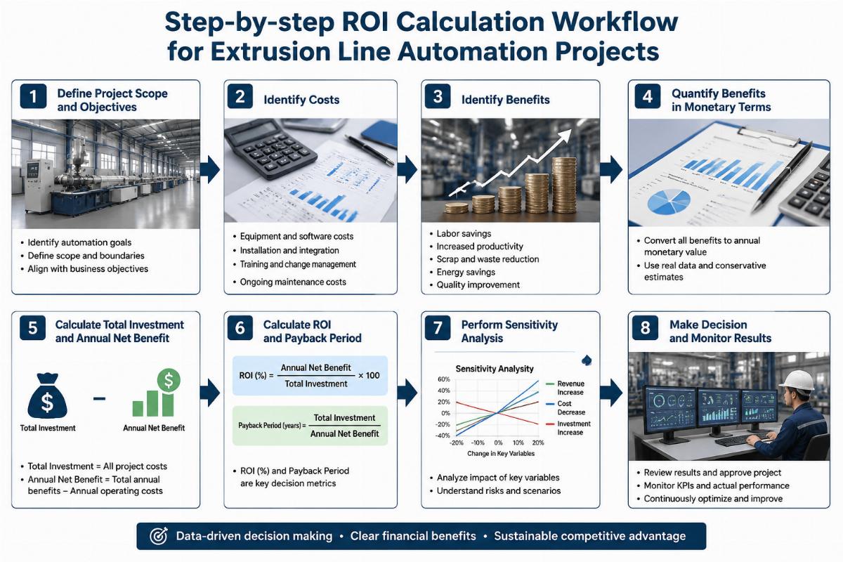 Step-by-step ROI calculation workflow for extrusion line automation projects