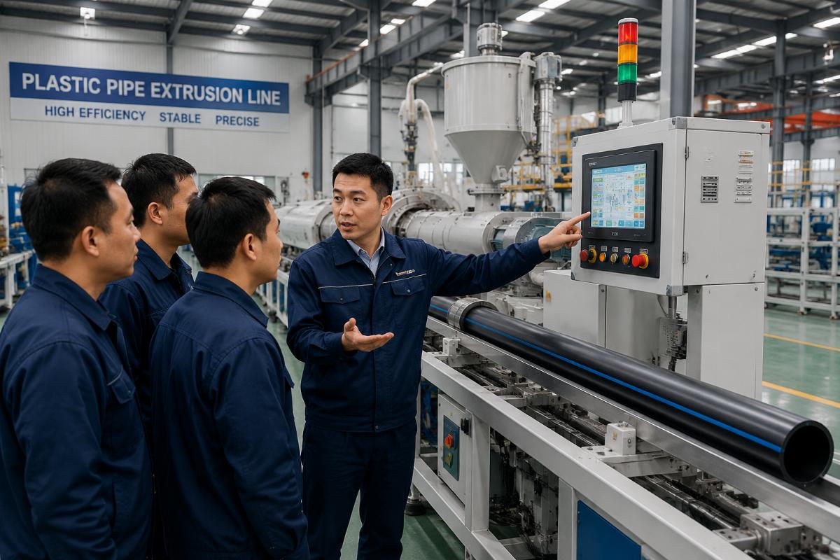 Technician training production staff on a fully assembled plastic pipe extrusion line