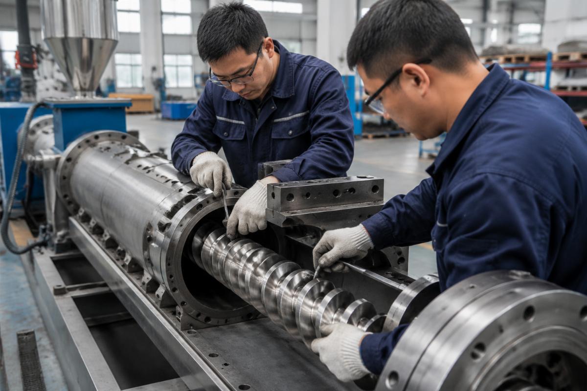Technicians adjusting a custom screw assembly inside an extruder barrel