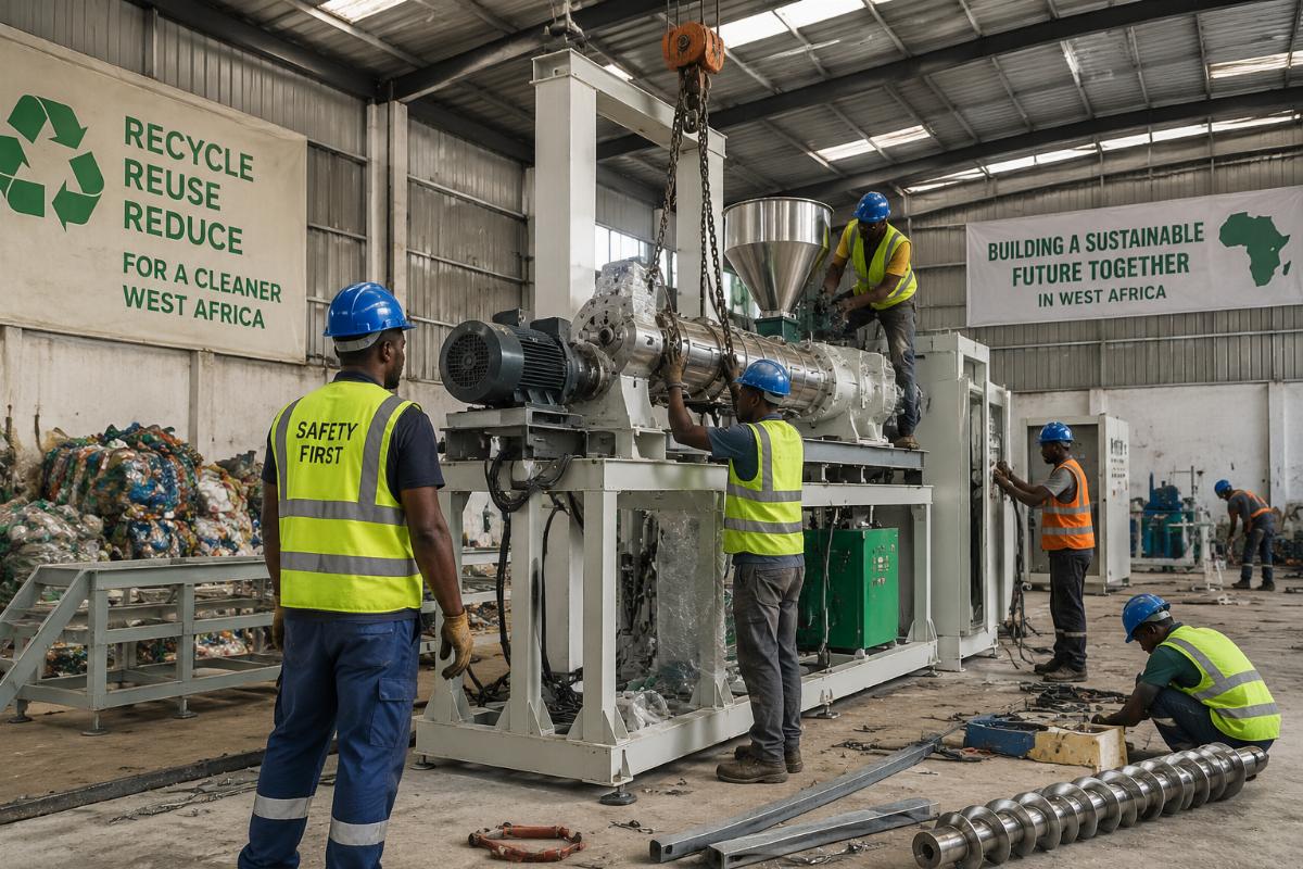 Workers installing an extrusion production line at a recycling facility in West Africa