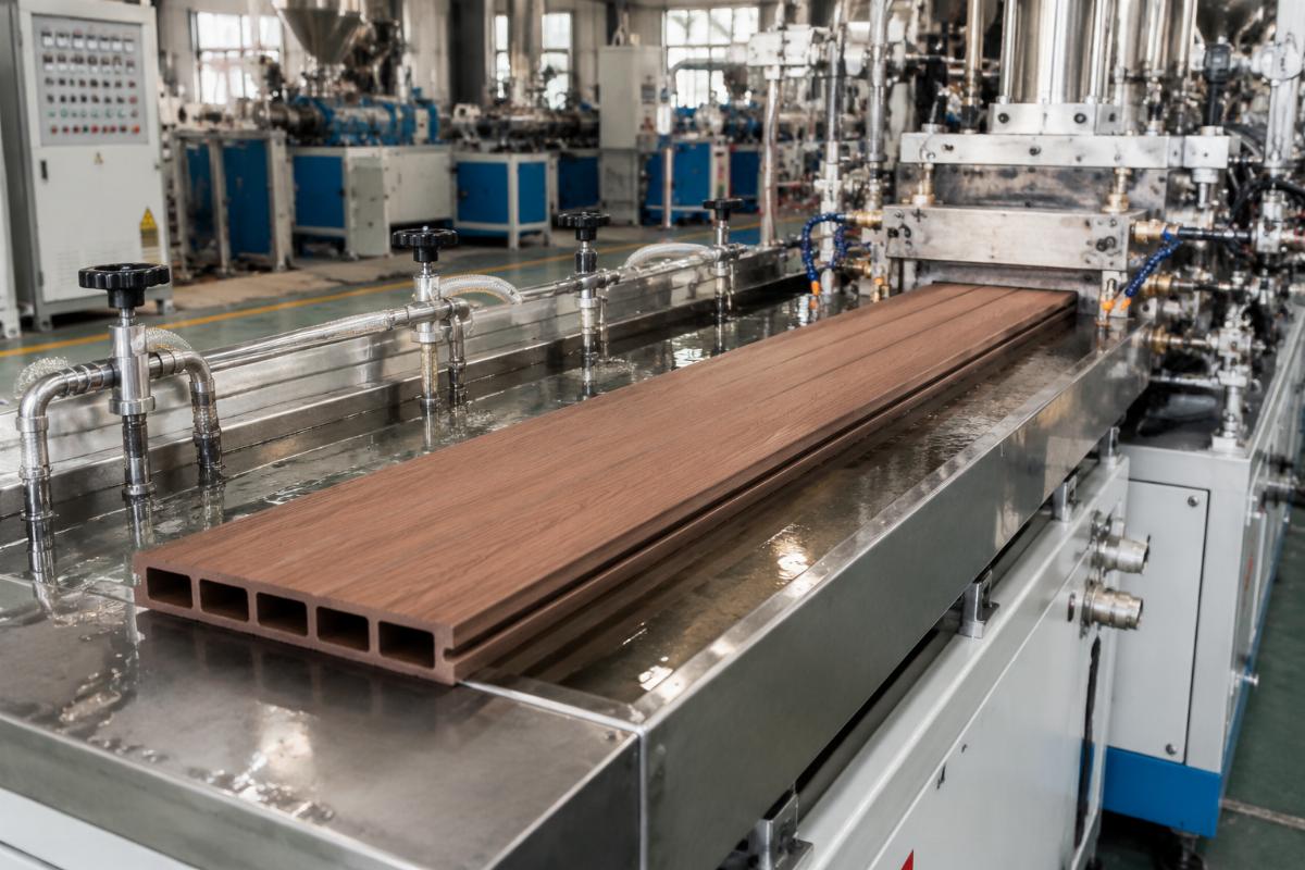 WPC decking profile coming off an extrusion line calibration table